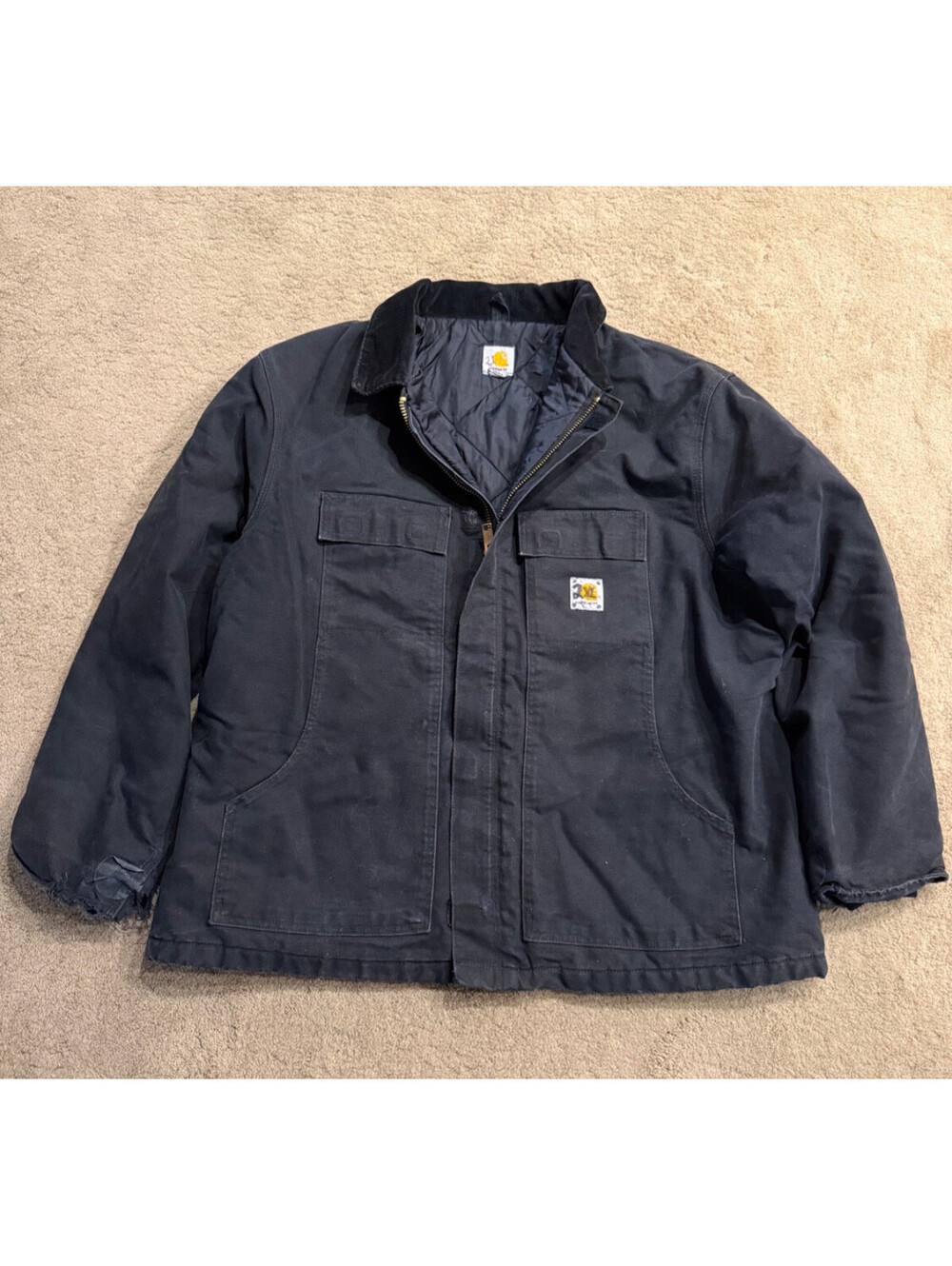 Carhartt Black Canvas Coat Jacket Mens Corduroy Collar C003 Chore Distressed 2XL